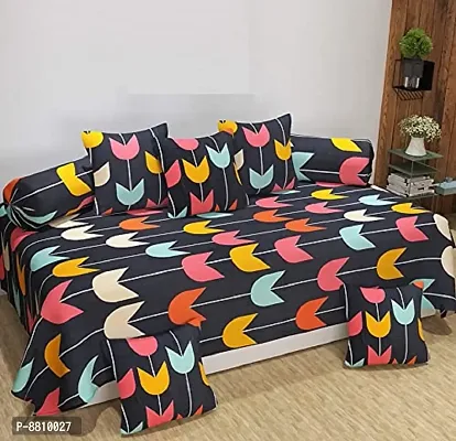 160TC Supersoft 3D Printed Glace Cotton Diwan Set Multicolour 1 Single Bedsheet  2 Bolster Covers and 5 Cushion Covers-thumb0