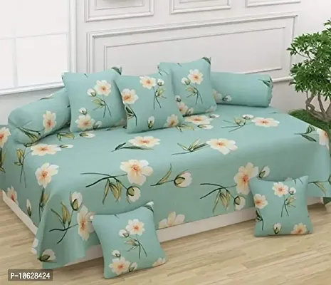 Vaastu Furnishings 160TC 3D Printed Supersoft Glace Cotton Diwan Set, Multicolour (1 Single Bedsheet, 2 Bolster Covers and 5 Cushion Covers) - Green with White Flowers