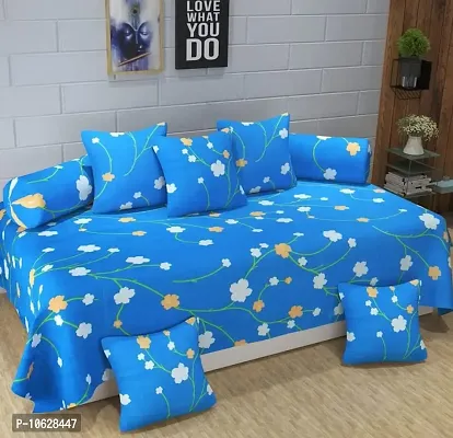 Vaastu Furnishings 160 TC Supersoft Glace Cotton 3D Printed Diwan Set, Multicolour (1 Single Bedsheet, 2 Bolster Covers and 5 Cushion Covers) - Blue Bail - Gold Diwan-thumb0