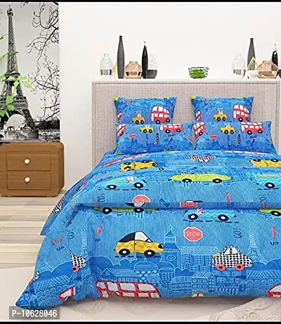 Vaastu Furnishings 200TC Kidz Printed Glace Cotton Double Bedsheet with 2 Pillow Covers (Multicolour, Size 90 x 100 Inch)