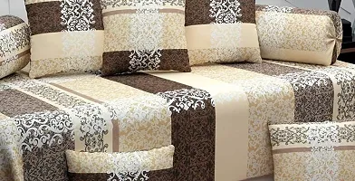 Vaastu Furnishings 160 TC Supersoft Glace Cotton 3D Printed Diwan Set, Multicolour (1 Single Bedsheet, 2 Bolster Covers and 5 Cushion Covers) - Double Coffee Gajra - Gold Diwan-thumb1