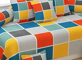 Vaastu Furnishings 160TC 3D Printed Supersoft Glace Cotton Diwan Set, Multicolour (1 Single Bedsheet, 2 Bolster Covers and 5 Cushion Covers) - Coloured Checks-thumb3