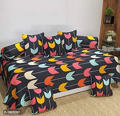 Vaastu Furnishings 160 TC Supersoft Glace Cotton 3D Printed Diwan Set, Multicolour (1 Single Bedsheet, 2 Bolster Covers and 5 Cushion Covers) - Multi Arrow - Gold Diwan-thumb0