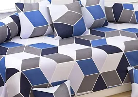 Vaastu Furnishings 160 TC Supersoft Glace Cotton 3D Printed Diwan Set, Multicolour (1 Single Bedsheet, 2 Bolster Covers and 5 Cushion Covers) - Blue Grey Zigzag - Gold Diwan-thumb3