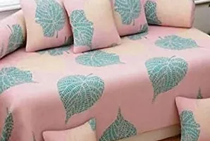 Vaastu Furnishings 160 TC Supersoft Glace Cotton 3D Printed Diwan Set, Multicolour (1 Single Bedsheet, 2 Bolster Covers and 5 Cushion Covers) - Pink with Green Leaves - Gold Diwan-thumb3