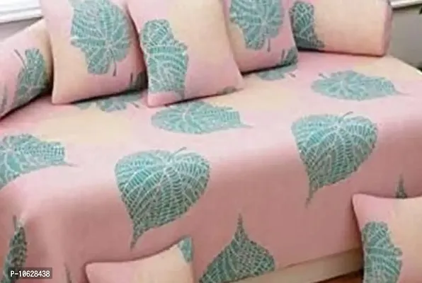 Vaastu Furnishings 160 TC Supersoft Glace Cotton 3D Printed Diwan Set, Multicolour (1 Single Bedsheet, 2 Bolster Covers and 5 Cushion Covers) - Pink with Green Leaves - Gold Diwan-thumb4