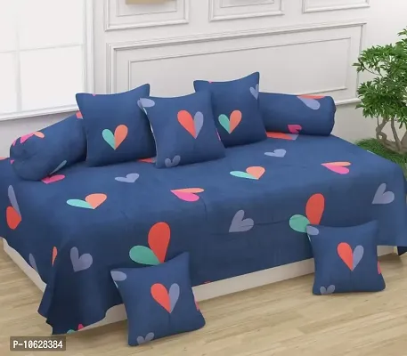 Vaastu Furnishings 160TC 3D Printed Supersoft Glace Cotton Diwan Set, Multicolour (1 Single Bedsheet, 2 Bolster Covers and 5 Cushion Covers) - Blue Hearts