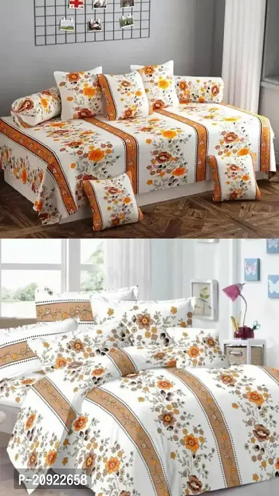 160TC Glace Cotton Combo of 1 Double Bedsheet with 2 Pillow Covers  8 Pc Diwan Set