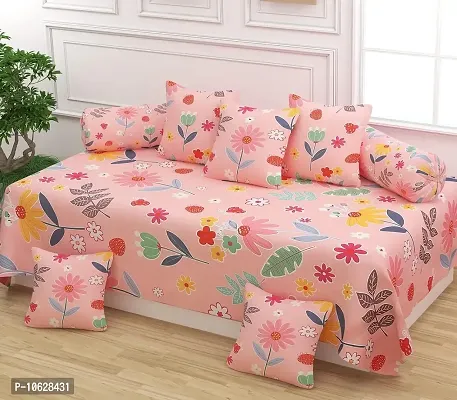 Vaastu Furnishings 160TC 3D Printed Supersoft Glace Cotton Diwan Set, Multicolour (1 Single Bedsheet, 2 Bolster Covers and 5 Cushion Covers) - Pink with Leaves Flowers