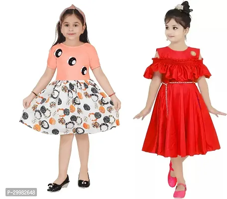 Stylish Multicoloured Crepe Dress For Girls Pack Of 2