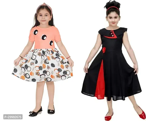 Stylish Multicoloured Crepe Dress For Girls Pack Of 2