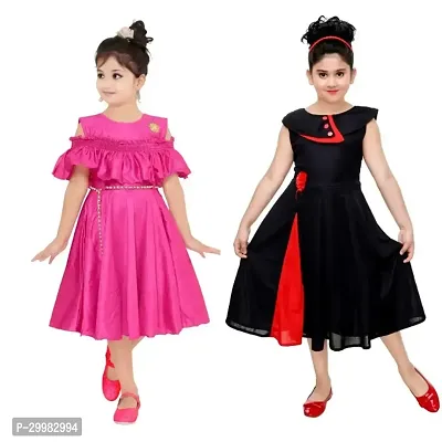 Stylish Multicoloured Cotton Blend Dress For Girls Pack Of 2-thumb0