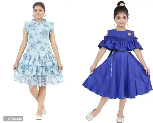 Stylish Blue Crepe Dress For Girls Pack Of 2