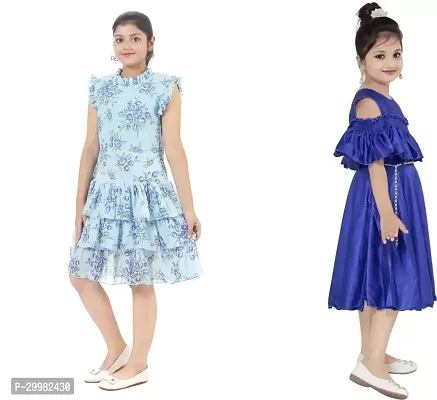 Stylish Blue Crepe Dress For Girls Pack Of 2-thumb2