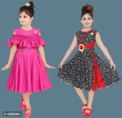 Stylish Multicoloured Cotton Blend Dress For Girls Pack Of 2-thumb0