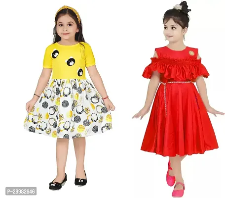 Stylish Multicoloured Crepe Dress For Girls Pack Of 2