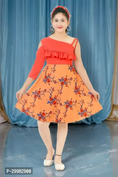 Stylish Orange Crepe Dress For Girls-thumb0