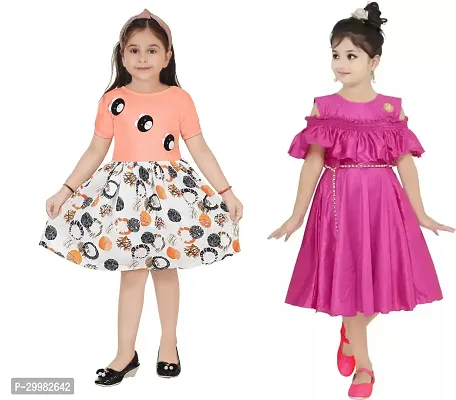 Stylish Multicoloured Crepe Dress For Girls Pack Of 2