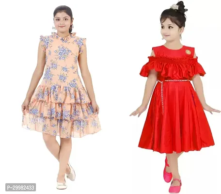 Stylish Multicoloured Crepe Dress For Girls Pack Of 2-thumb0