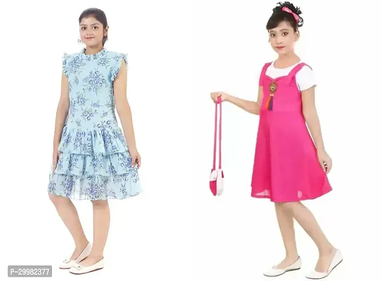 Stylish Multicoloured Crepe Dress For Girls Pack Of 2-thumb2