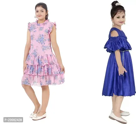 Stylish Multicoloured Crepe Dress For Girls Pack Of 2-thumb2