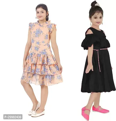 Stylish Multicoloured Crepe Dress For Girls Pack Of 2-thumb2