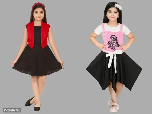 Stylish Multicoloured Cotton Blend Dress For Girls Pack Of 2