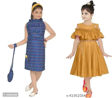 Stylish Multicoloured Crepe Dress For Girls Pack Of 2-thumb0