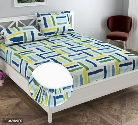 220 TC Cotton Double King Geometric Fitted Elastic Bedsheet With 2 Pillow Covers 18x28 In