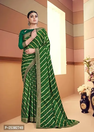 SHRISHARVADA TRANDZ saree Leheriya saree with lace border dola silk chiffon jacquard lace work lahriya foil print sarees with blouse piece (GREEN)-thumb2