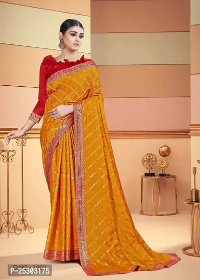 SHRISHARVADA TRANDZ saree Leheriya saree with lace border dola silk chiffon jacquard lace work lahriya foil print sarees with blouse piece (YELLOW)-thumb2