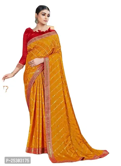 SHRISHARVADA TRANDZ saree Leheriya saree with lace border dola silk chiffon jacquard lace work lahriya foil print sarees with blouse piece (YELLOW)