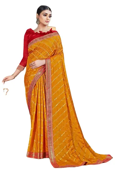 SHRISHARVADA TRANDZ saree Leheriya saree with lace border dola silk chiffon jacquard lace work lahriya foil print sarees with blouse piece (YELLOW)