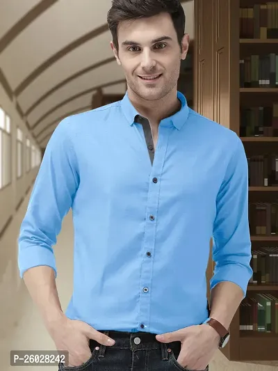 Men Stylish Blue Cotton Solid Long Sleeve Semi Formal Shirt