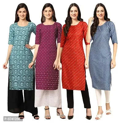 Fashionable Straight Multicoloured Printed Crepe Kurta For Women Combo Pack Of 4-thumb0