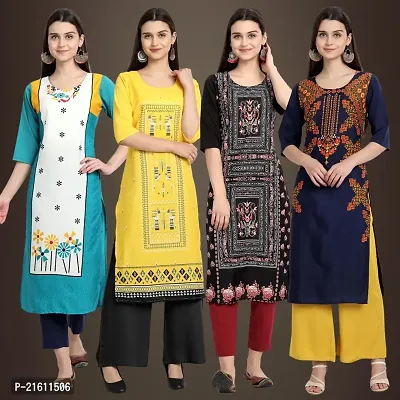 Elegant Crepe Printed Straight 3/4 Sleeves Kurta For Women- Pack Of 4