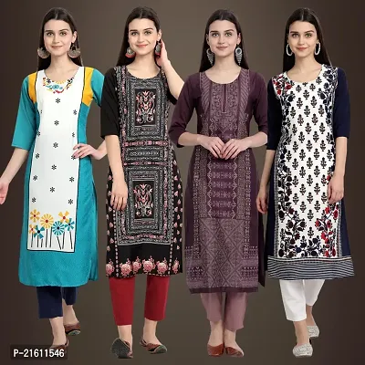 Elegant Crepe Printed Straight 3/4 Sleeves Kurta For Women- Pack Of 4