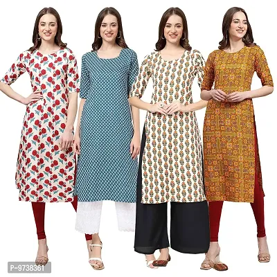 Fashionable Straight Multicoloured Printed Crepe Kurta For Women Combo Pack Of 4