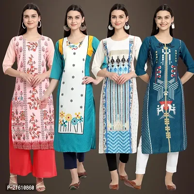 Elegant Crepe Printed Straight 3/4 Sleeves Kurta For Women- Pack Of 4-thumb0