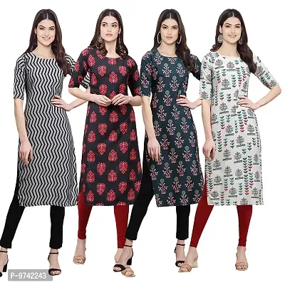 Fashionable Straight Multicoloured Printed Crepe Kurta For Women Combo Pack Of 4