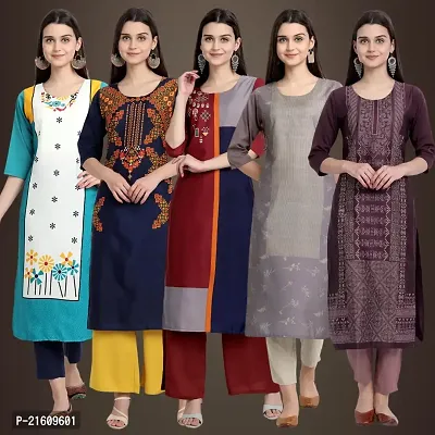 Elegant American Crepe Printed Straight 3/4 Sleeves Kurta For Women- Pack Of 5