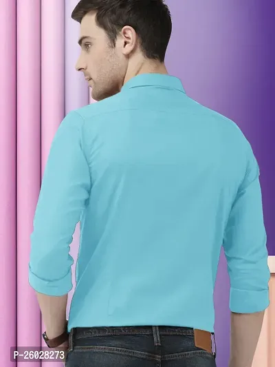 Men Stylish Blue Cotton Solid Long Sleeve Semi Formal Shirt-thumb3