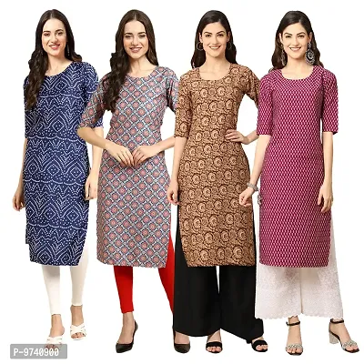 Fashionable Straight Multicoloured Printed Crepe Kurta For Women Combo Pack Of 4