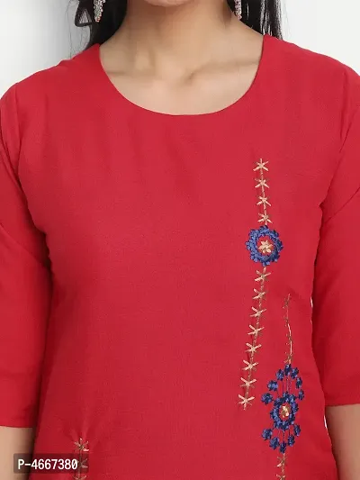 Red Cotton Slub Embroidered Kurtas For Women-thumb4