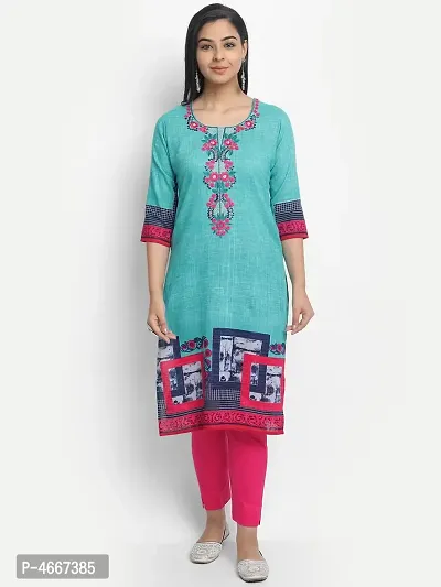 Turquoise Cotton Embroidered Kurtas For Women-thumb0