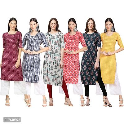 Elegant Crepe Multicoloured Printed Straight Kurta For Women- Pack Of 6