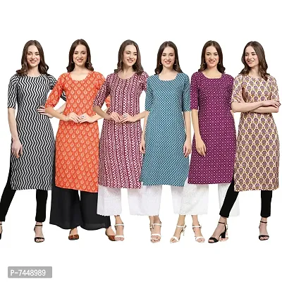 Elegant Crepe Multicoloured Printed Straight Kurta For Women- Pack Of 6