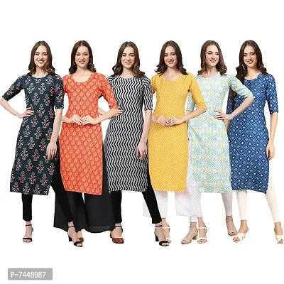 Elegant Crepe Multicoloured Printed Straight Kurta For Women- Pack Of 6