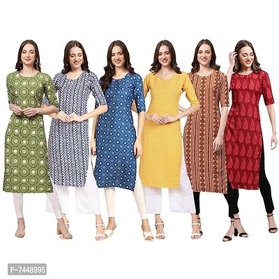 Elegant Crepe Multicoloured Printed Straight Kurta For Women- Pack Of 6