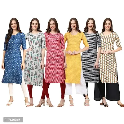 Elegant Crepe Multicoloured Printed Straight Kurta For Women- Pack Of 6